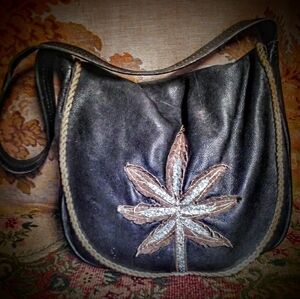 Genuine deer skin large black bag with suede pot leaf applique